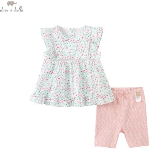 DB16470 dave bella summer baby girls cute bow floral print clothing sets kids girl fashion sleeveless sets children 2 pcs suit
