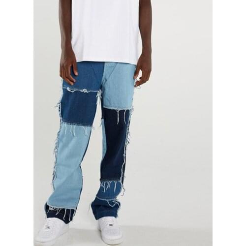 Men Wash Splice Casual Straight Tassel Patchwork Jeans Trousers Male Fashion Streetwear Loose Hip Hop Denim Full Length Pants