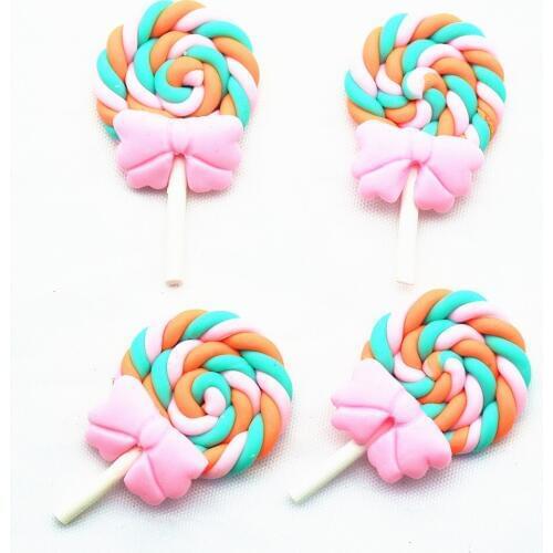 28mmX47mm Baked Polymer Clay Lollipop with Baby Pink Ribbon,Soft Clay DIY Embellishment Crafts,Fake Sweets Miniatures