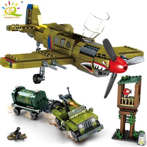 HUIQIBAO 649pcs WW2 US Army P-40 Fighter Building Block Airplane Military City Olane Truck Car Bricks Construction Children Toy