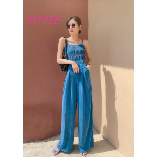 Korean High Waist Jumpsuits Women Female Harajuku Rompers Wide Leg Denim Spaghetti Strap Loose Casual Overalls Women Jumpsuit