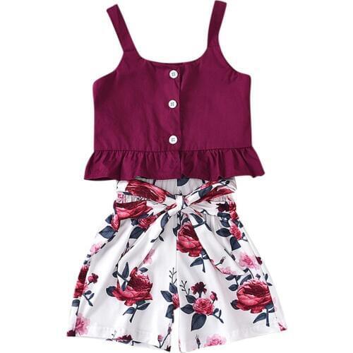 Summer Children Baby Girls Casual Sleeveless Strap Vest Tops+Floral Shorts Outfits Set 2021