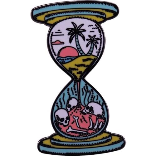 Beautiful hourglass landscape Brooch The coconut Tree Badge Skull on Beach Enamel Pin Gift