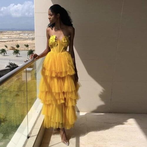 Pretty Gold Sunflower Women Dresses Wedding Birthday Party Draped Ruffles Tulle Long African Dress