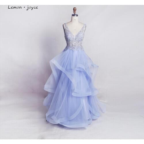 Lemon joyce Blue Evening Dresses 2020 Elegant V-neck Sleeveless Beading Evening Gowns Lace-up Back Long Dress Plus Size