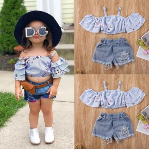 Cute Kids Baby Girl Off Shoulder Crop Tops T-Shirt Ripped Denim Shorts Outfit Set