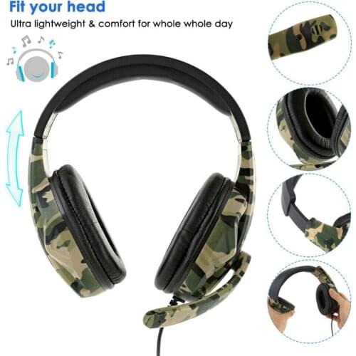 Ear Headphones with Mic for PS4 PS3 PC Adjustable Headband for Computer 3.5mm Wired Gaming Headset Camouflage Over