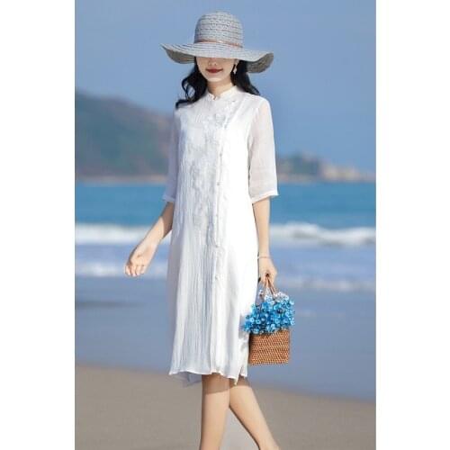 New Literary Womens Clothes Ramie Embroidered Womens Dress Elegant Summer Light Dresses 2021 Beach Dresses