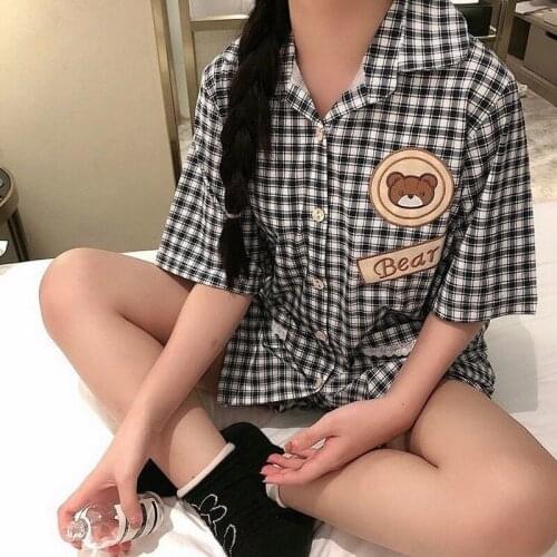 Japanese Pajamas for Women Summer College Style Pyjamas Cute Cartoon Bear Plaid Lapel Pijamas Plus Size 2 Piece Sets Home Suit
