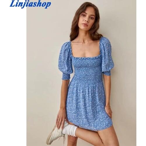 Holiday Style Square Collar Blue Floral Print Dress Bohemian Puff Sleeve Elastic Ruched Woman Dresses Female Clothes
