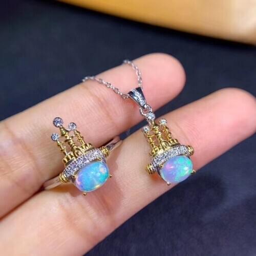 Lovely exquisite crown Natural chromatic opal gem Ring Pendant Natural Gemstone Jewelry Set S925 Silver girl party jewelry