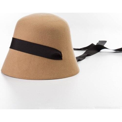 Japan Autumn Winter Fashion Bandage Real Woolen Fedoras Hat Women Casual Wool Felt Bucket Hat Female Vintage Top Hat