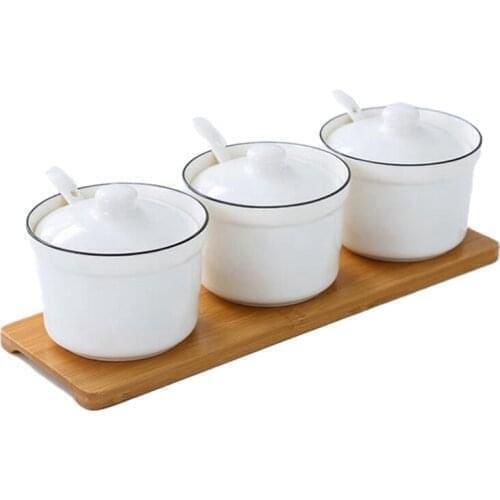 Creative Ceramic Seasoning Can Black Line Round Three Piece Ceramic Can Seasoning Box Bottle