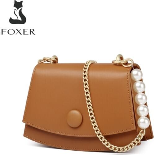 FOXER Girls Street Fashion Crossbody Saddle Bags Cow Leather Lady Chain Shoulder Bags Small Women Handbag Brand Casual Purse