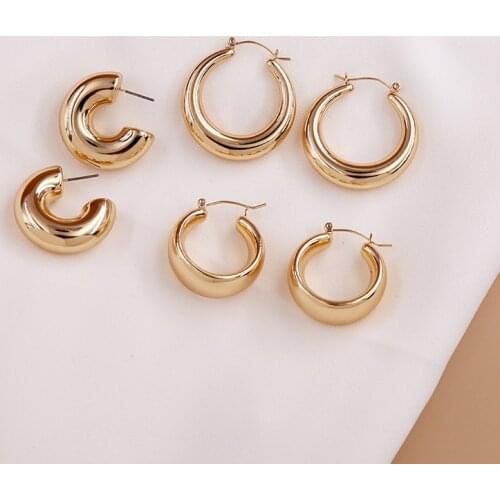 Vintage Brass C Shape Chunky Thick Huggie Earrings For Women Fashion Gold Color Round Hoop Earrings Statement Jewelry