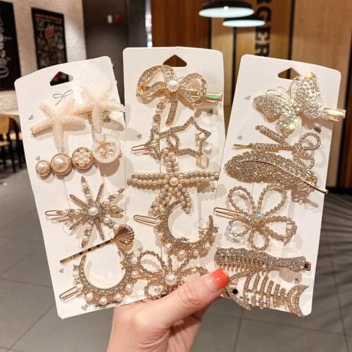 1Set Korea Shiny Crystal Hair Clip Starfish Pearl Hairpin Fashion Geometric Flower Barrettes Girls Sweet Hairpins Hair Accessori