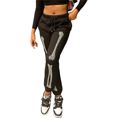 Women Halloween Drawstring Polyester Loose Style Pants Black Skeleton Pattern Sweatpants with Pockets S/ M/ L