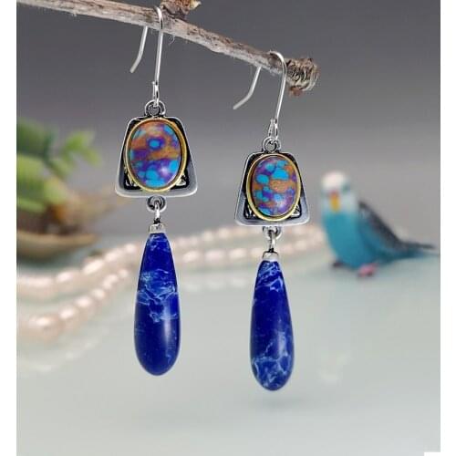 Bohemian Style Natural Lapis Lazuli Gemstone Dangle Hook Earrings Wedding Engagement Earrings for Women