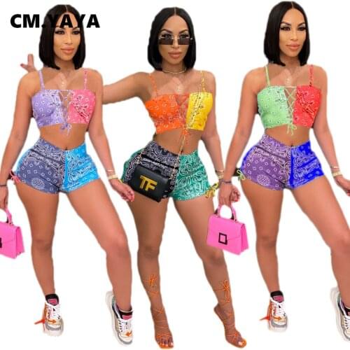 CM.YAYA Bandanna Patchwork Women Two 2 Piece Outfits Set Lace Up Tank Top and Shorts Sweatsuit Matching Set Active Tracksuit