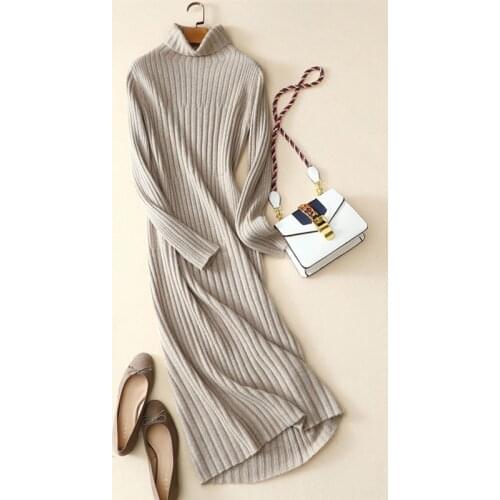 100% cashmere turtleneck dress women ribbed knit elegant winter pullovers