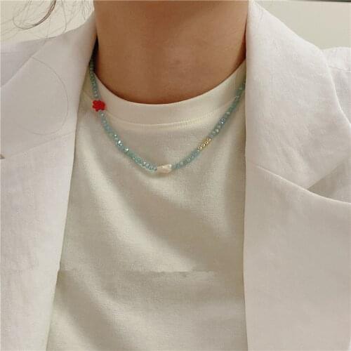 AOMU Korea Simple Vintage Blue Resin Beaded Flower Choker Irregular Geometric Thin Long Necklace for Women Party Accessories
