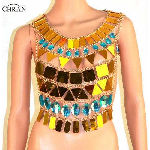 Chran Gold Tone Mirror Perspex Crop Top Chainmail Bra Halter Necklace Body Lingerie Metallic Bikini Swimwear Jewelry Tank CRM102