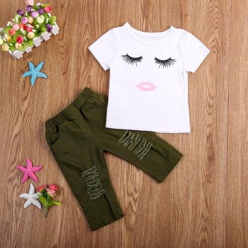 2021 Fashion Newborn Baby Girl Cotton Eyelash Print Short Sleeve Pullover White Shirt Tops Green Pants 2PCS Outfit Summer