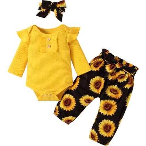 Pudcoco 0-24M 3Pcs Long Sleeve Ruffles Button Yellow Bodysuit Leotard+Lace-Up Sunflower Pants+Bowknot Headband Clothes Sets