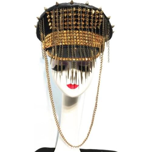 Bar Stage Singer Dancer Gold Rivet Chain Army Caps Crystals Stones Military Hats Performance Accessories Cosplay Headwear