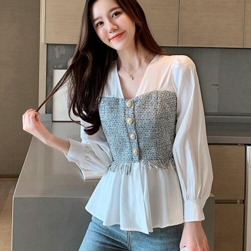 White Patchwork V-Neck Button Chiffon Blouse 2020 New Summer Tops long Sleeve Woman Clothes Shirt Women Blouses Womens Clothing