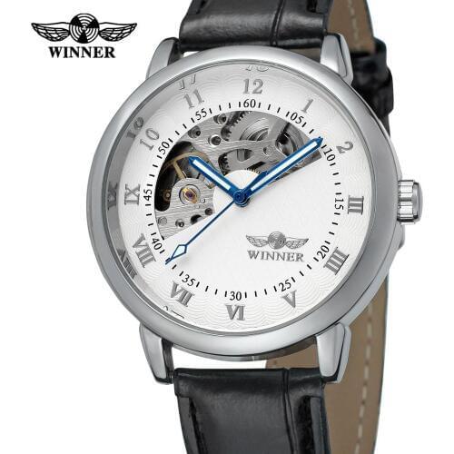 WINNER watch Casual fashion classic white Roman numerals spell Arabic numerals mix leather strap mens mechanical watch