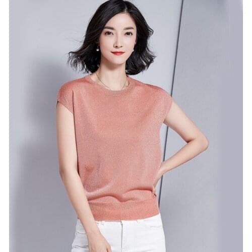New Brief Women Sleeveless Knitting T-shirts Slim Fit Female Tees Solid Color Bling Bling O-Neck Women Thin Tops Fashion Classy