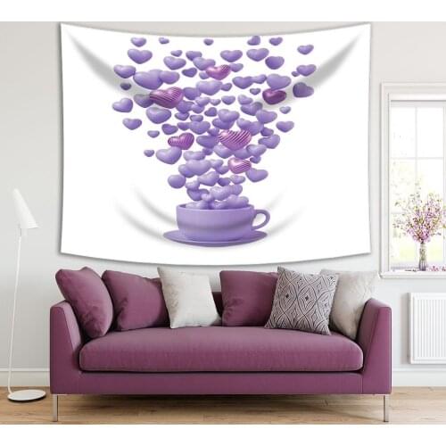 Tapestry Coffee Cup Love of Small Floating Hearts Romantic Sweet Modern Illustration Lilac Purple