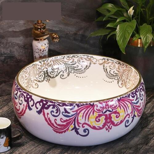 China Artistic Procelain Handmade Europe Vintage Ceramic Lavabo round countertop ceramic wash basin Bathroom Sink