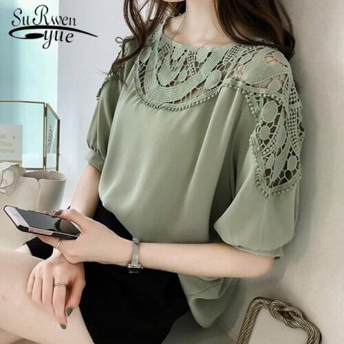 Fashion Woman Blouses 2021 Short Sleeve Summer Tops Sexy Hollow Out Chiffon Blouse Shirt Plus Size 3XL 4XL Women Tops 0621 40