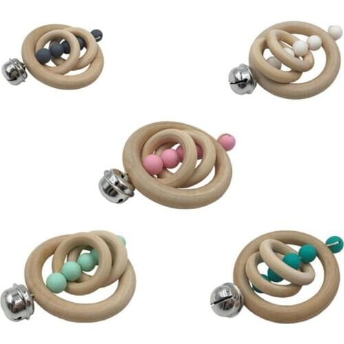 Creative Useful Home Kids Toys Beech Wooden Rings 80Mm Silicone Beads Teether Play Gym Pram Toys Baby Gifts Baby Rattle
