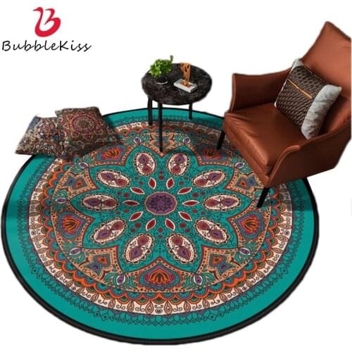 Bubble Kiss Boho Round Carpets For Living Room Green Floral Chair Rugs Bedroom Floor Mat Home Decoration Salon Modern Lounge Rug
