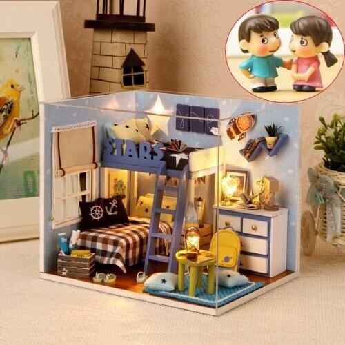 Doll House Furniture DIY Miniature Dust Cover 3D Wooden Dollhouse Toys for Children Birthday Gifts Stars Sky + Free Dolls 03 (S8