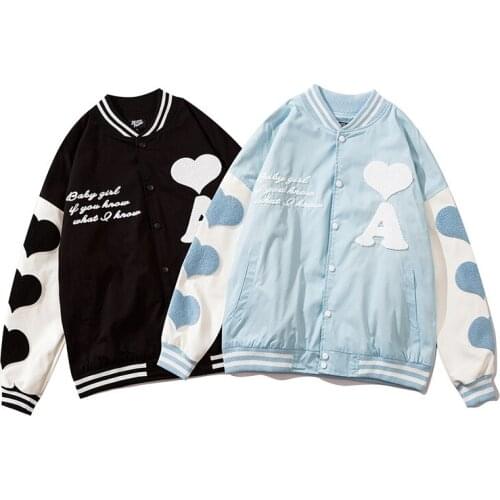 Love Embroidery Baseball Uniform Jacket Men Retro Simple High Street Couple Jacket Autumn Winter Patchwork Color Block Outwear