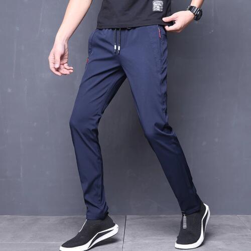 Summer Pants Mens Skinny Stretch Korean Casual Slacks Slim Fit Chino Elastic Waist Jogger Dress Trousers Male Black Blue