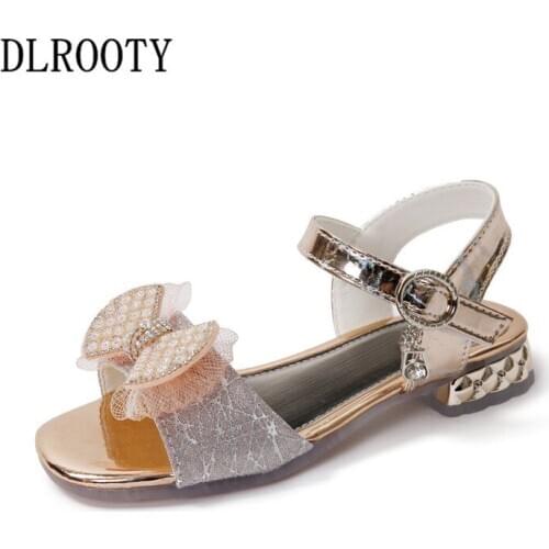 Summer Children Sandals Shoes Girls Bow-Knot Princess Kids Party Fashion Hook & Loop Crystal Leather Toddler Baby Breathable