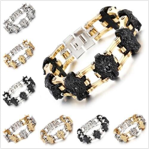 Fashion Jewelry Stainless Steel Silver Color Gold Color Black Motor Bicycle Chain Mens Skull Lion Wolf Bangle Bracelet Wristband
