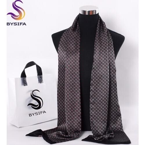 [BYSIFA] Black Red Long Scarves For Men Fashion Accessories Male Pure Silk Scarf Cravat Winter Flowers Pattern Scarf 160*26cm