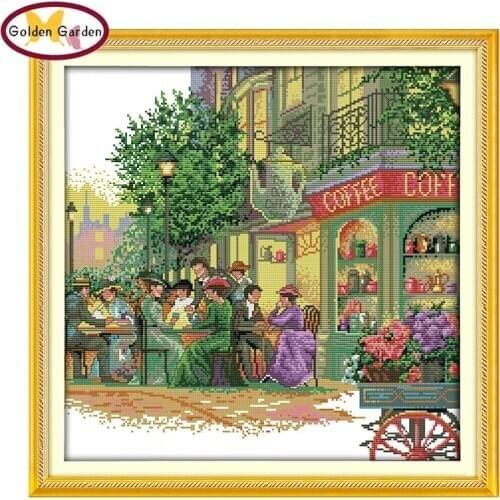GG A Street Cafe Cross Stitch Embroidery Needlework Joy Sunday 14ct 11ct Cotton Canvas Cross Stitch Stamped Kits for Home Decor