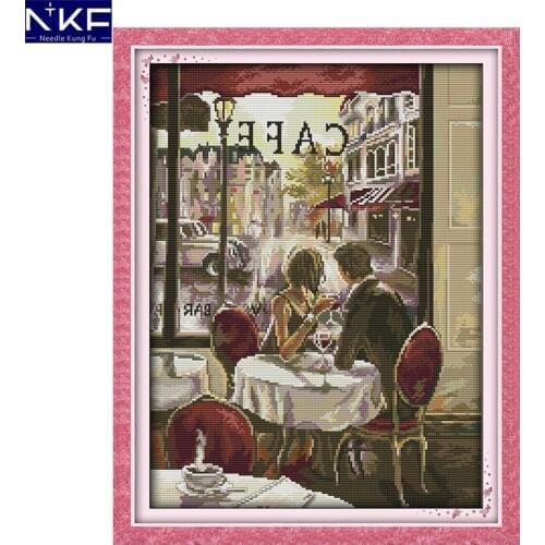 NKF Coffee Lovers Pattern Counted Cross Stitch Set DIY Needlework Embroidery Scenery Cross Stitch Kits for Home Decor