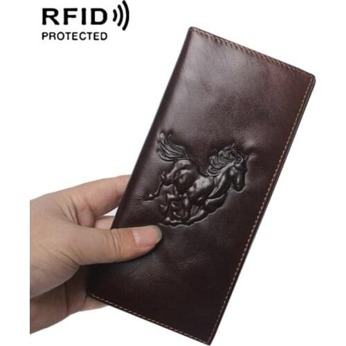New slim RIFD anti-magnetic mens wallet retro embossed horse Pentium long wallet
