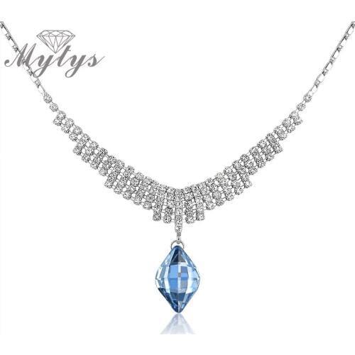 Mytys Blue Crystal Pendant Necklace High Quality Necklace New Fashion Women Jewelry CN124
