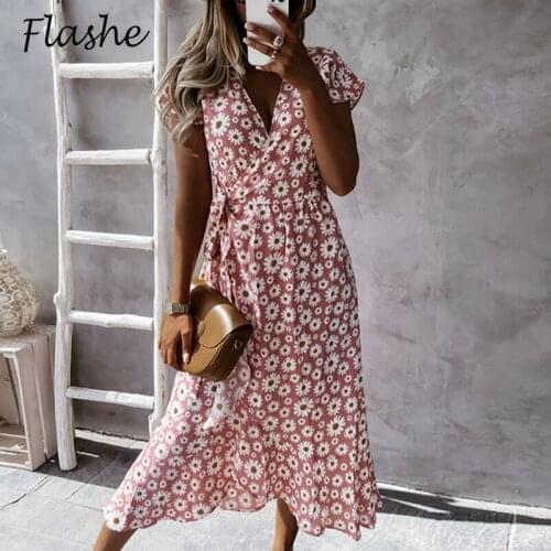 Summer Elegant A Line Dress Women V Neck Floral Print Dress Boho Short Sleeve Lace Up Holiday Party Dresses Fo Women 2021