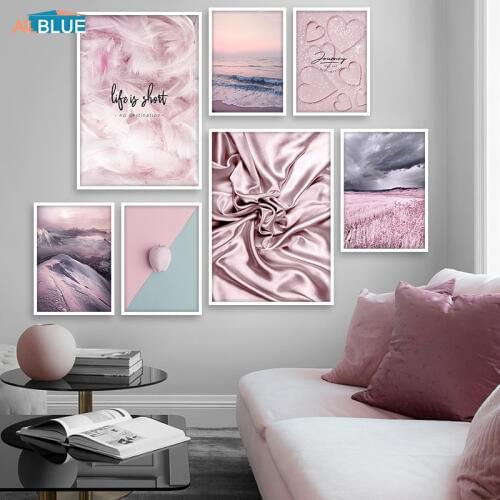 Scandinavian Style Pink Feather Posters and Prints Landscape Canvas Painting Modern Wall Art Nordic Home Decoration Pictures