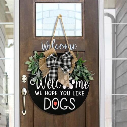 Welcome Door Hanging Wreath Door Front Decoration Plaques Pet Dog And Cat Reminder Signs Home Big Plaid Bow Wreath House Decor